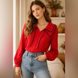 Laura and Jayne Vintage Red Long-Sleeve Sailor Collar Blouse